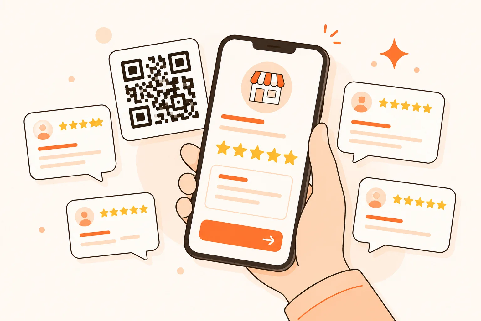スマートフォンでQRコードを読み取り、口コミを投稿するイメージ